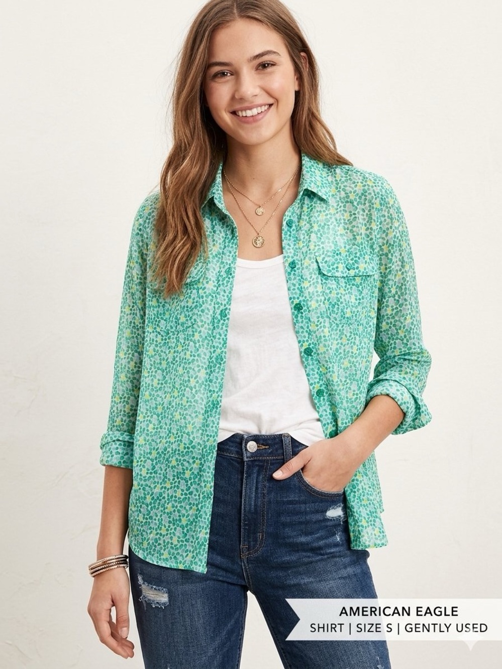 American Eagle Outfitters Teal Green Printed Button-Down Shirt - Small